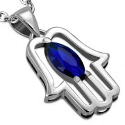 Chamsa Silver Pendant w Blue Sapphire CZ, p370